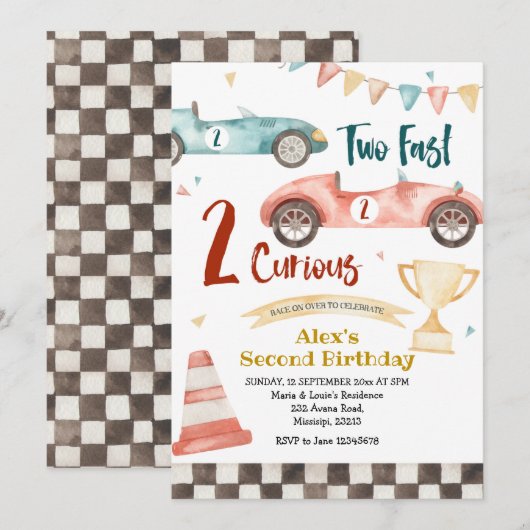 Twee snel twee nieuwsgierig retro race uitnodiging (Voorkant / Achterkant)