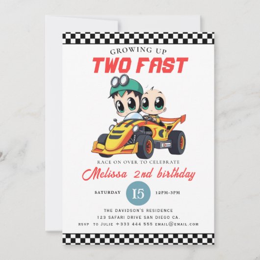 Twee Snelheidsrace Auto Jongen 2e Verjaardagsfeest Kaart (Voorkant)