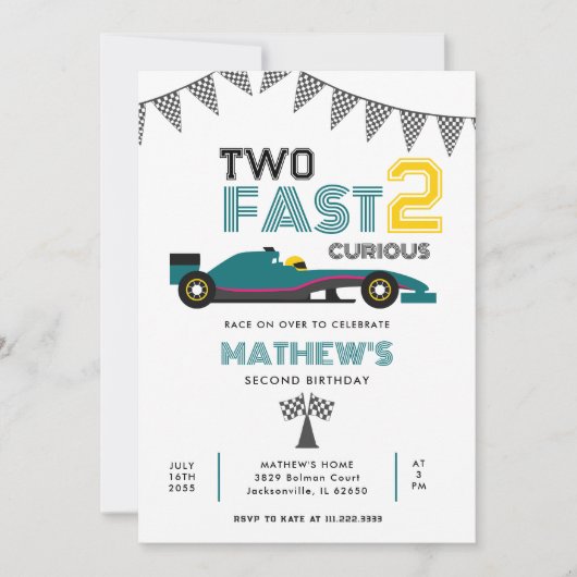 Twee snelle 2 nieuwsgierige race auto 2e verjaarda kaart (Voorkant)
