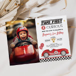 Twee snelle 2 nieuwsgierige rode vintage auto foto kaart<br><div class="desc">Maak je vast voor een brullende goede tijd en laat de opwinding zich ontvouwen met onze "Two Fast Two Curious" 2e verjaardagsuitnodiging. Vier de speciale dag van je speedster in stijl en creëer herinneringen die zullen inzoomen op de harten van iedereen die aanwezig is. Maak je klaar om te racen...</div>