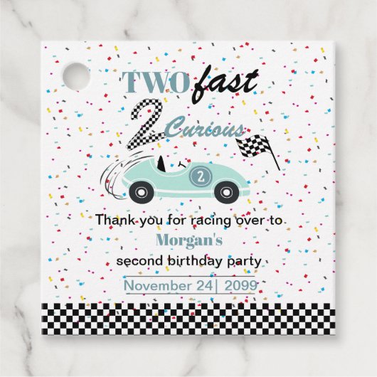 Twee snelle 2Curious Blue Sports Car tweede verjaa Bedankjes Labels (Voorkant)