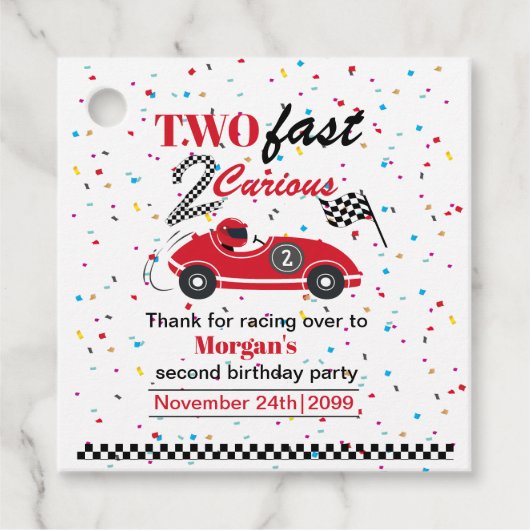 Twee snelle 2Curious rode sportwagen tweede verjaa Bedankjes Labels (Voorkant)