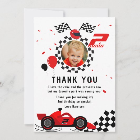 Twee snelle 2de verjaardag kinderen leuke rode rac bedankkaart (Voorkant)