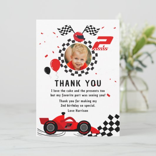 Twee snelle 2de verjaardag kinderen leuke rode rac bedankkaart (Staand voorkant)