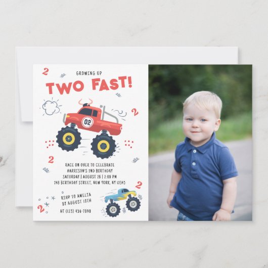 Twee snelle 2e Verjaardag Kinder Monster Auto Truc Kaart (Voorkant)