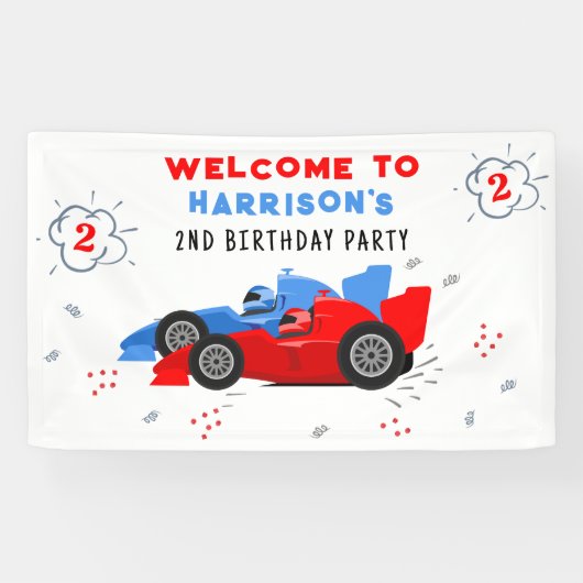 Twee snelle 2e verjaardag Kinder raceauto's welkom Spandoek (Horizontaal)