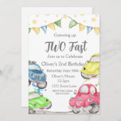 Twee snelle 2e verjaardag race auto kaart (Voorkant / Achterkant)