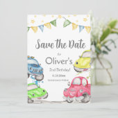 Twee snelle 2e verjaardag race auto save the date (Staand voorkant)