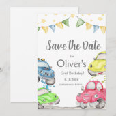 Twee snelle 2e verjaardag race auto save the date (Voorkant / Achterkant)