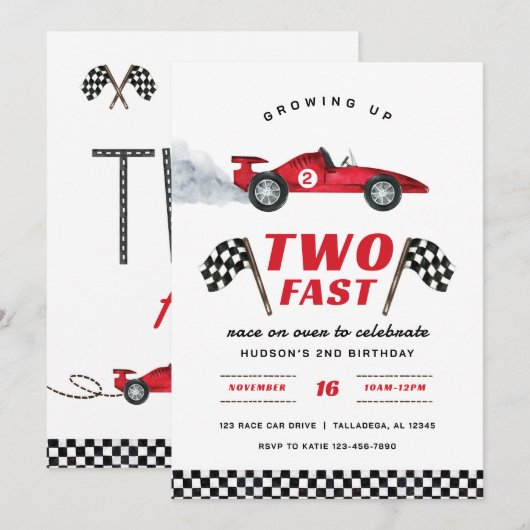 Twee snelle 2e verjaardag uitnodiging (Voorkant / Achterkant)