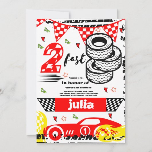 Twee snelle 2e verjaardagsfeestje rode race auto p kaart (Voorkant)