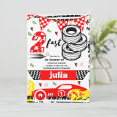 Twee snelle 2e verjaardagsfeestje rode race auto p kaart (Staand voorkant)