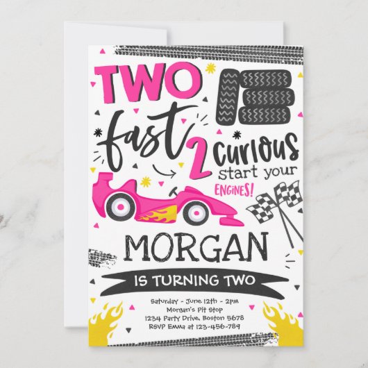 Twee snelle 2e verjaardagsfeestje roze raceauto fe kaart (Voorkant)