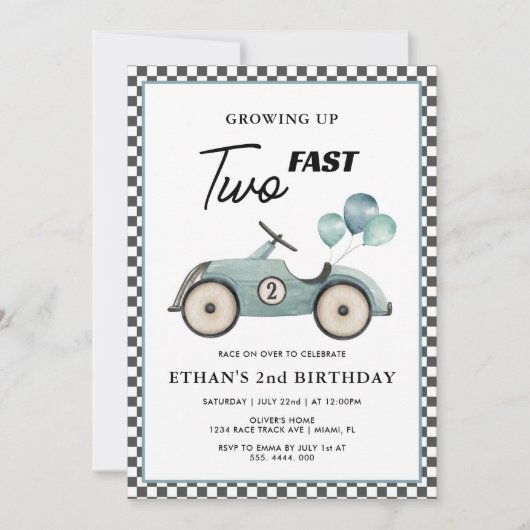Twee snelle blauwe race auto jongens 2e verjaardag kaart (Voorkant)