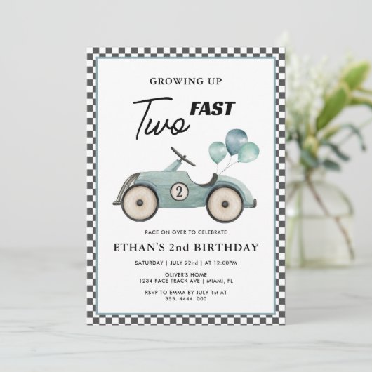 Twee snelle blauwe race auto jongens 2e verjaardag kaart (Staand voorkant)