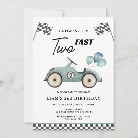 Twee snelle blauwe race auto jongens 2e verjaardag kaart (Voorkant)