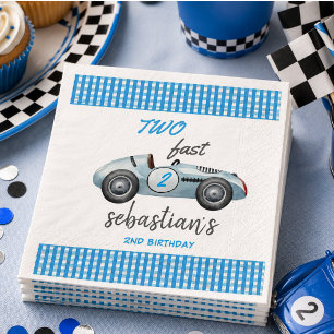 Twee snelle blauwe raceauto 2e verjaardagsuitnodig servet