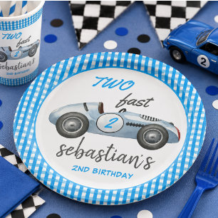 Twee snelle blauwe raceauto uitnodiging voor 2e ve papieren bordje