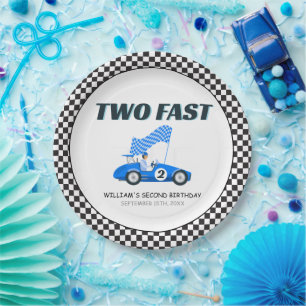 Twee snelle blauwe raceauto's tweede verjaardag papieren bordje