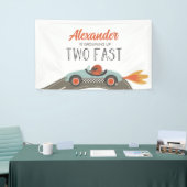 Twee snelle blauwe raceautoverjaardag spandoek (Beurs)