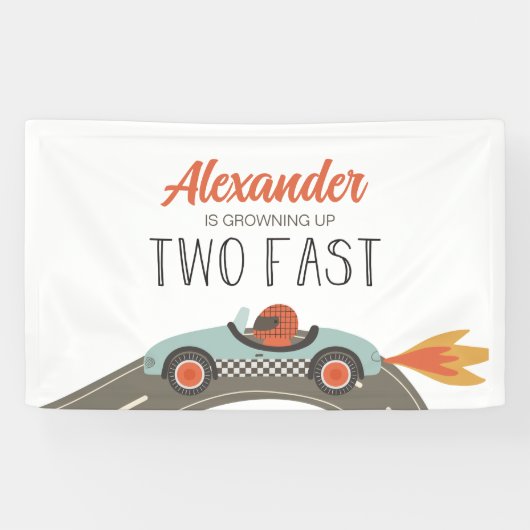 Twee snelle blauwe raceautoverjaardag spandoek (Horizontaal)