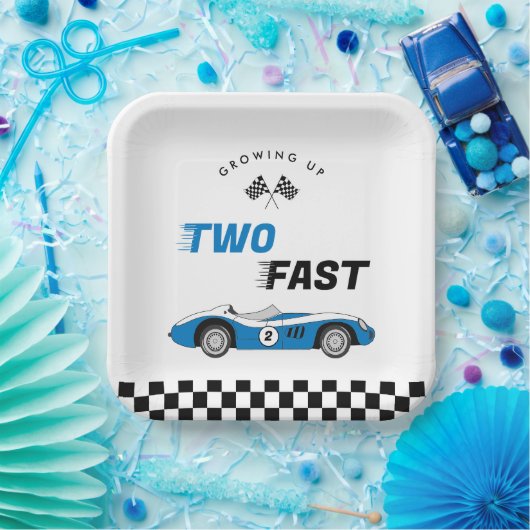Twee snelle  Blue Race Car Boy Verjaardag Papieren Bordje (Feest)