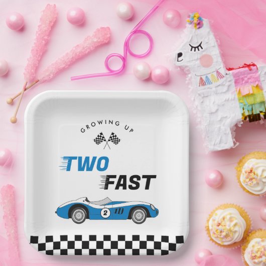 Twee snelle  Blue Race Car Boy Verjaardag Papieren Bordje (Feest)