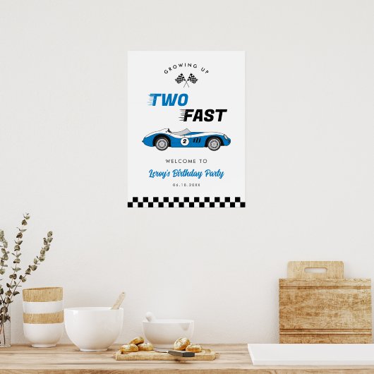 Twee snelle  Blue Race Car Verjaardag Welkom Poster (Keuken)