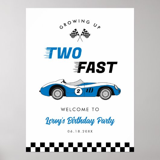 Twee snelle  Blue Race Car Verjaardag Welkom Poster (Voorkant)