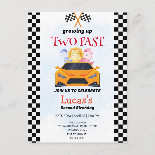 Twee snelle dinosaurus race auto 2e verjaardag par briefkaart (Voorkant)