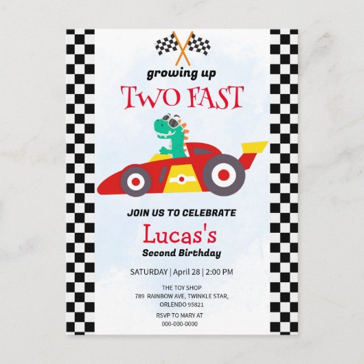 Twee snelle dinosaurus race auto 2e verjaardag par briefkaart (Voorkant)