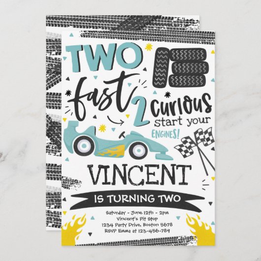 Twee snelle geboorte-feest-blauw-razenkar-2e verja kaart (Voorkant / Achterkant)