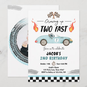 Twee snelle geboorte-feest-blauw-razenkar-2e verja kaart