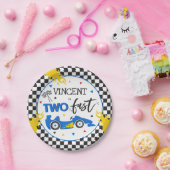 Twee snelle geboorte-feest-blauw-razenkar-2e verja papieren bordje (Feest)