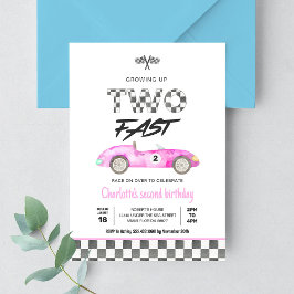 Twee snelle meisjes roze raceauto vintage verjaard kaart