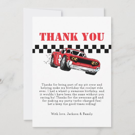 Twee snelle moderne rode raceautoboy 2e verjaardag bedankkaart (Voorkant)