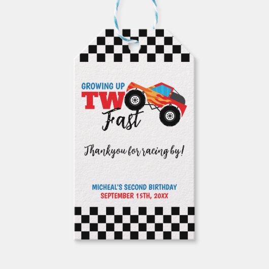 Twee snelle monstertruck 2e verjaardag Bedankt Cadeaulabel (Voorkant)