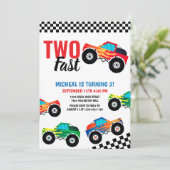 Twee snelle monstertruck race 2e verjaardag kaart (Staand voorkant)