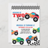Twee snelle monstertruck tweede verjaardag uitnodi kaart (Voorkant)