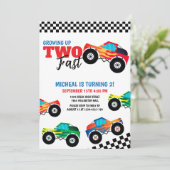 Twee snelle monstertruck tweede verjaardag uitnodi kaart (Staand voorkant)