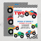Twee snelle monstertruck tweede verjaardag uitnodi kaart (Voorkant / Achterkant)
