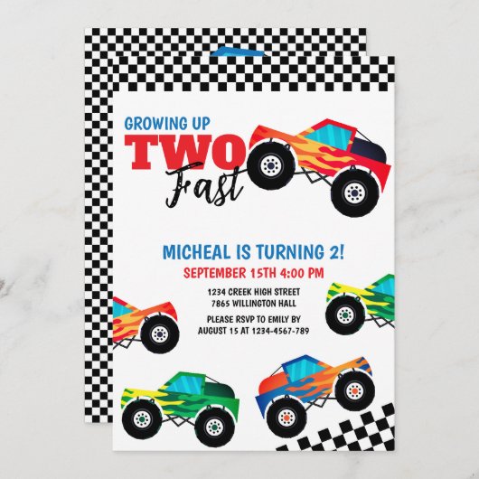 Twee snelle monstertruck tweede verjaardag uitnodi kaart (Voorkant / Achterkant)