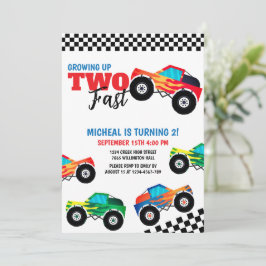 Twee snelle monstertruck tweede verjaardag uitnodi kaart