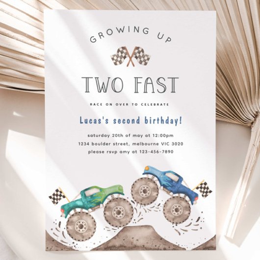 Twee snelle monstertruck tweede verjaardagsfeest kaart