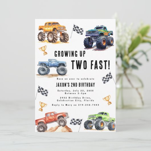 Twee snelle monstertrucks 2e verjaardagsfeest kaart (Staand voorkant)