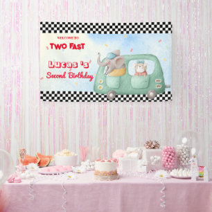 Twee snelle Olifant Hond Race Auto 2e HBD Party Spandoek