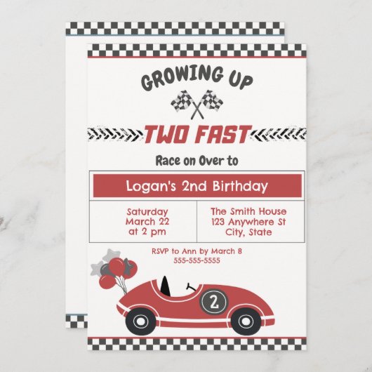 "Twee snelle" race auto 2e verjaardag Uitnodiging (Voorkant / Achterkant)