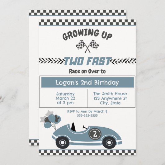 "Twee snelle" race auto 2e verjaardag Uitnodiging (Voorkant / Achterkant)
