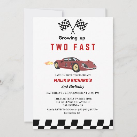 Twee snelle race auto jongen 2e gezamenlijke verja kaart (Voorkant)