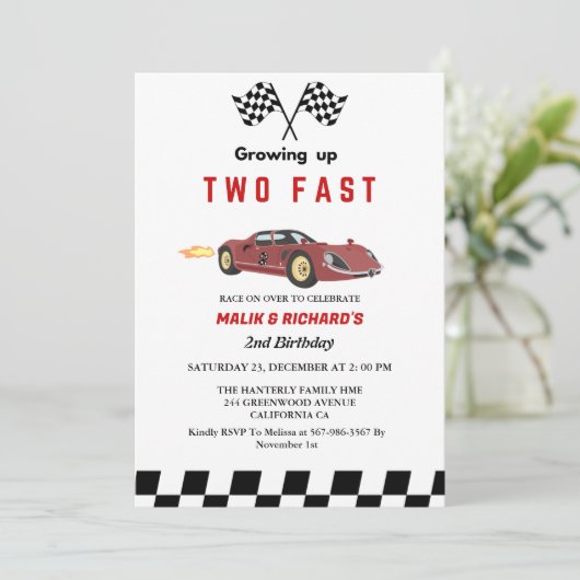 Twee snelle race auto jongen 2e gezamenlijke verja kaart (Staand voorkant)